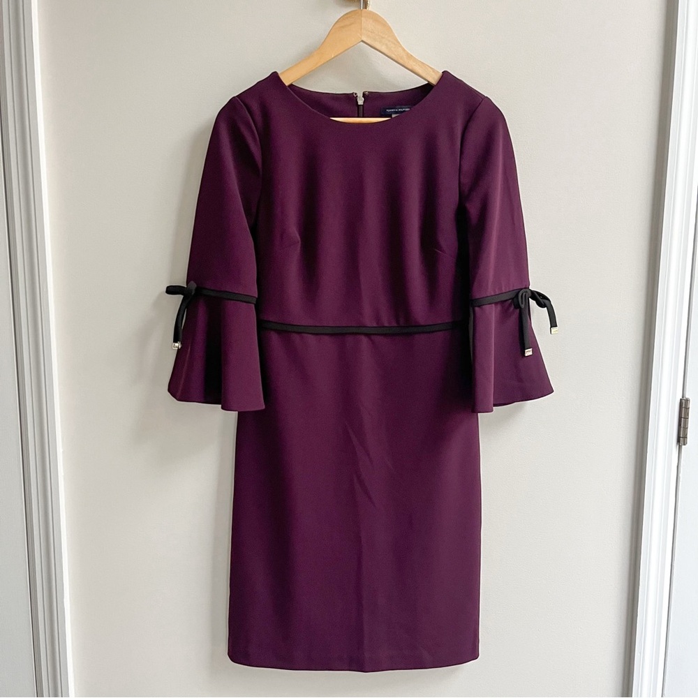 Tommy Hilfiger Elbow Length Fluted Bow Sleeve Shift Dress Purple 4
